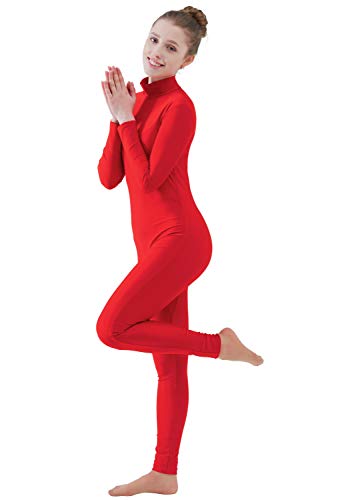 Ensnovo Womens Turtleneck Spandex Long Sleeve Front Zipper Footless Unitard Red,S #TOP2
