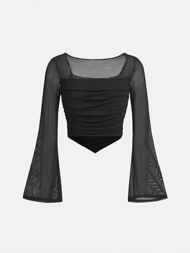 Image of Floerns Girls Bell Long Sleeve Square Neck Asymmetrical Hem Mesh Ruched Crop Tops Tees