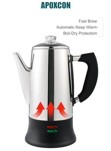 APOXCON Electric Coffee Percolator Stainless Steel Coffee Maker with Two Heat Resistant Tough Glass Clear Brew Progress Knob Classic Look Keep Warm & Cordless Serving Coffee Pot 12 Cup