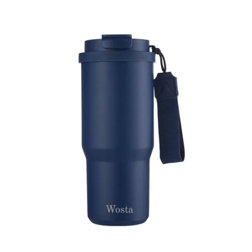 Image of Wosta 750 ml Stainless Steel Insulated Tumbler - Dual-Lid (Flip-Sip + Straw), Tea /Fruit Strainer, Leak-Proof Screw-On Lid, Silicone Straw & Hanging Belt. (Dark Blue)