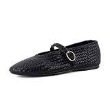 CUSHIONAIRE Bistro Mary Jane Flats for Women, Woven Ballet Flats Shoes with Strap and Memory Foam for All-Day Comfort, Black 9