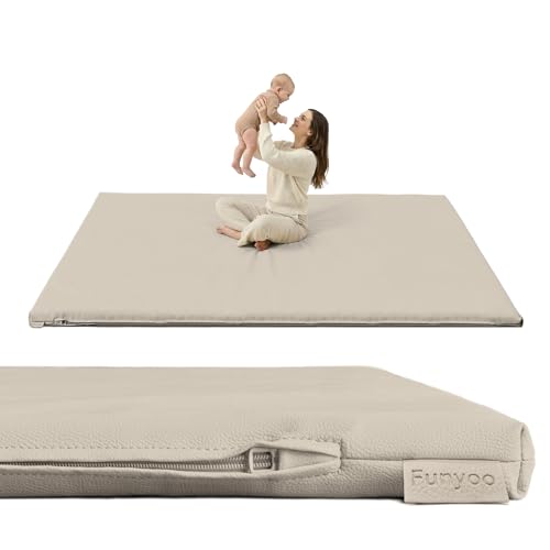 Image of Vegan Leather Baby Play Mat, 71x59 Thick Cushioned Waterproof Playpen Mat, Stylish Removable Cover Floor Mat for Babies & Toddlers, Soft Padded Play Mat for Safe Crawling, 1.2 inch Thick, Grey