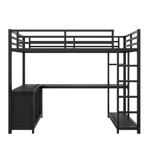Image of Bellemave Twin XL Size loft Bed with L Desk, Wardrobe, Metal Twin XL Loft Bed Frame for Adults, Kids, Teens, Black