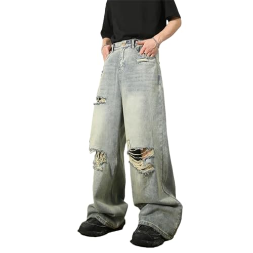 Men Blue Baggy Jeans High End Wide Leg Pants Soft Denim Streetwear Trousers Loose Ripped Jeans