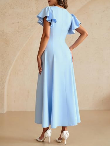 Women's Ruffle Short Sleeve V Neck Dress Elegant Button Front A Line Maxi Dresses2