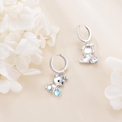 Hund Ohrringe für Damen - 925 Silber Creolen Mit Mondstein, Hängend Schmuck Geschenk für Kinder Mädchen