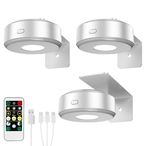 3PCS Picture Lights with Remote,3 Colors Paintings Light Wireless Rechargeable Battery Wall Light Dimmable and Timer Metal Art Light for Paintings,Display, Wall, Artwork, Gallery (Silver)