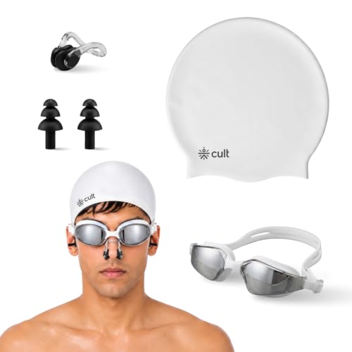 Image of CULT Swimming Cap Goggles with Ear Plugs & Nose Clip Set for Men & Women, Anti-Fog Swimming Goggles with Adjustable Strap, Silicone Swim Cap Combo for Training, Pool & Fitness, White