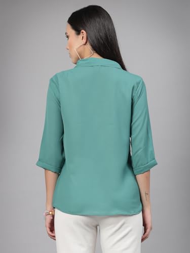 Image of Style Quotient Women Solid Aqua Green Polycrepe Formal Shirt