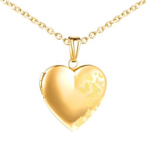 MICMIF Collar Medallón Personalizado para Mujer, Colgante de Corazón con Mariposas, Acero inoxidable Collar Relicarios para 2 Fotos Joyería con Cadena 50cm
