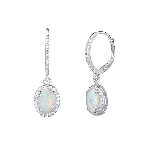 FANCIME Lever Back Earrings Sterling Silver Created White Fire Opal Halo Cubic Zirconia French Back Earrings Opal Jewelry for Women