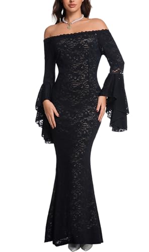 Image of Cercis Womens Off The Shoulder Floral Lace Maxi Wedding Dress Boho Flowy Wedding Guest Formal Long Dresses