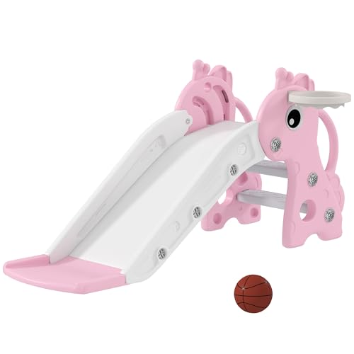 AIYAPLAY Tobogán infantil 3 en 1 con canasta de baloncesto, tobogán de jardín, para interiores y exteriores, para niños de 1 a 3 años, color rosa