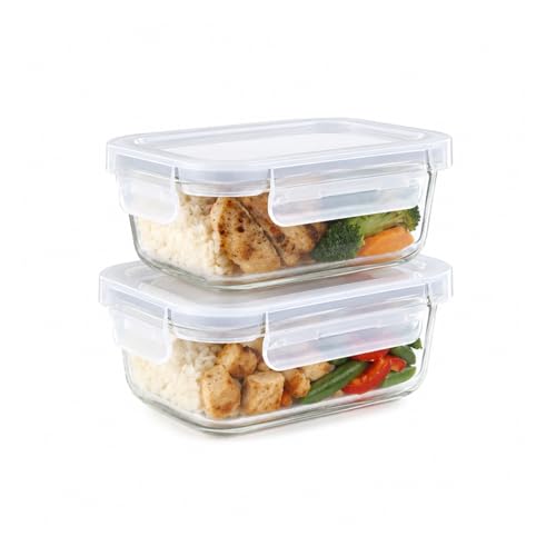 Image of Essentia Glass Lunch Box Borosilicate Container with Leakproof 4-Way Lock Lid, Removable Silicone Gasket, Microwave & Freeze Safe, Dishwasher Safe (2x640ml)