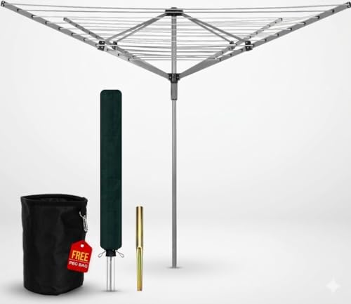 Heavy Duty Rotary Washing Line Outdoor 4 Arm 50M Washing Line Rotary with Peg Bag Metal Ground Spike and Cover Included Clothes Lines for Outside Whirlygig Clothes Airer Outdoor (50 Meter)