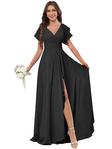 GUKARLEED Ruffles Black Bridesmaid Dresses with Side Pockets Wrap Pleated V Neck Formal Dress with Slit for Women US0 : Clothing, Shoes & Jewelry