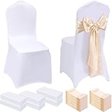 Mepase 100 Pcs Wedding Chair Covers 50 Stretch Spandex Chair Covers with 50 Decorative Elastic Chair Sash Silk Chair Bows for Wedding Banquet Dining Kitchen Party Decoration(Champagne Gold, White)