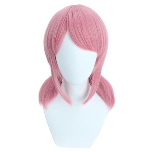 Image of Pink Wig with Bangs Pink Short Wig with Two Pigtails Straight Wigs for Women Cosplay Synthetic Wigs
