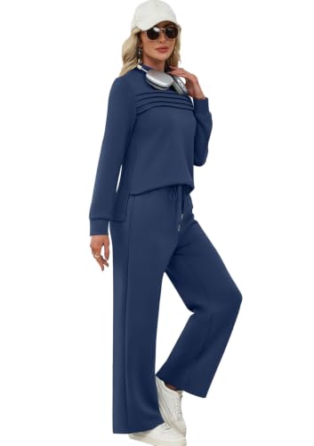 Image of WIHOLL Two Piece Sets for Women Fall Travel Vacation Outfits 2026 Long Sleeve Lounge Sets Side Slit Wide Leg Pants XS-3XL