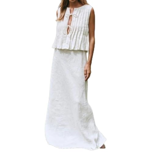 Linen 2 Piece Set: Women's White Tie Front Sleeveless Pleated Top + Loose Maxi Skirt
