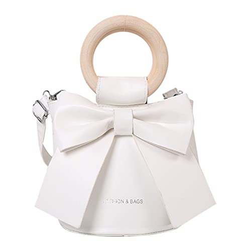 Mini bolso bandolera de cuero con lazo dulce, mini totalizadores para mujer con mango de madera redondo, bolso de hombro para niña de moda, White