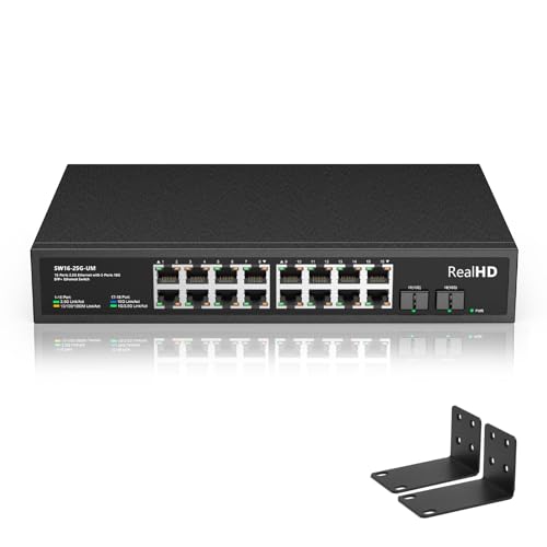 Image of Real HD 16 Port 2.5Gb Unmanaged Ethernet Network Switch with 16 x 2.5G Base-T Port, 2 x 10G SFP+, Work with 10-100-1000Mbps, 120G Bandwidth, Fanless Quiet, 19 in Rack Mount, Sturdy Metal Casing