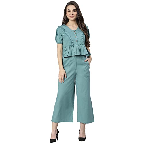 Image of DEEBACO Women's Solid Calf Length Top with Trouser|V-Neck|Short Sleeve|Cord Set for Women Cotton|Jumpsuits Western Dress for Women Stylish|Two Piece Co ord Set|Party Casual Wear(Aqua Blue)