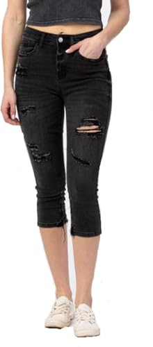 Judy Blue Hi-Waist Destroyed Skinny Capri Jeans in Black - Perfectly Worn-in Look & Feel 82270-