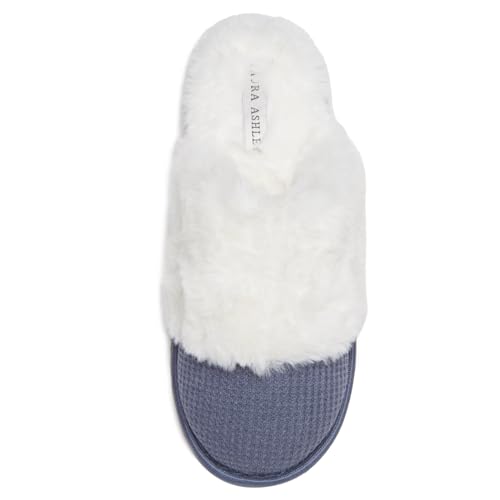 Laura Ashley Womens Plush Memory Foam Wide Collar Fleece Spa Scuff Slippers, Fuzzy Warm Faux Fur Slip On House Shoes Slipper