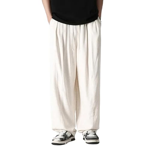 Summer Wide Leg Pants Men's Cotton Linen Loose Pants Men Casual Elastic Waist Trousers