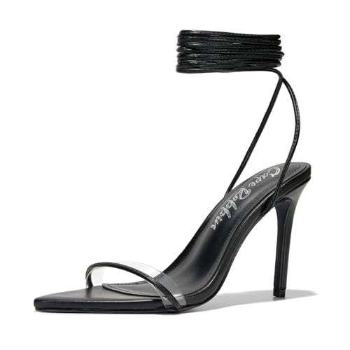 Image of Cape Robbin Women's Lace Up Stiletto Heel Sandals - Pointed Open Toe Clear Strap Ankle Wrap Tie Up High Heels (Moroni)