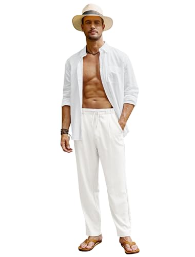 Beotyshow Mens Pants Casual Elastic Waist Drawstring Texture Beach Pant Lightweight Loose Fit Trousers Summer Long Pants4