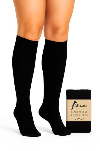 MYSASI 2 Pair Womens Black Opaque Knee High Socks Size 4-7 - Soft Breathable & Stretchy Hosiery Black Knee High Pop Socks for Work Office Dress Boots