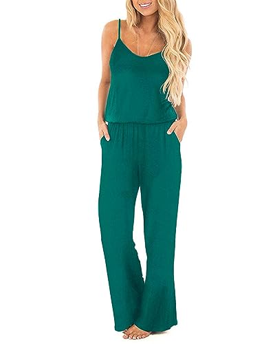 OUGES Damen Sommer Ärmellos Jumpsuit Overall Lang Hosenanzug Casual Playsuit Romper mit Taschen(Grün397,L)