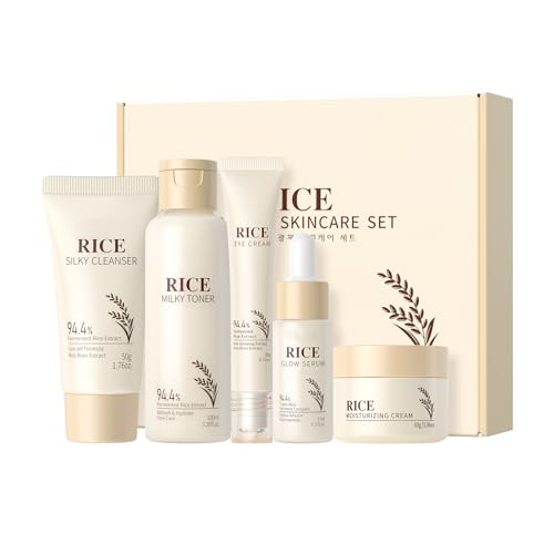 Rice Skincare Set 5-teiliges Koreanisches Hautpflegeset für strahlende Haut - Glatte Gesichtspflegesets mit Reiniger, Reiswasser, Serum, Augencreme, Gesichtscreme, Geschenkset für Frauen Mädchen