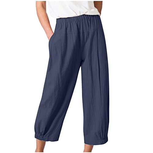 SMIDOW Women's Capris and Cropped Pants Dressy Casual Cotton Linen Pant Elastic High Waist Loose Wide Leg Long Trousers