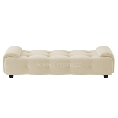 Image of Home Lifestlez Monel 2 Seater Tufted Ottoman Bench | Velvet Upholstered | Seating Bench Window Bench Footrest Stool End of Bed Bench Living Room Furniture | Comfortable & Stylish - Cream
