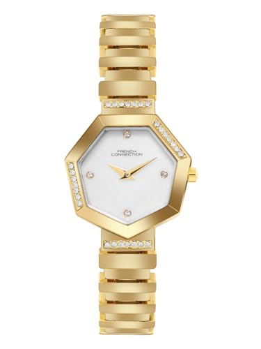 Image of French Connection Mop Silver Hexagonal Dial with Gold Stainless Steel Strap Watch for Womens - FCN0139GM