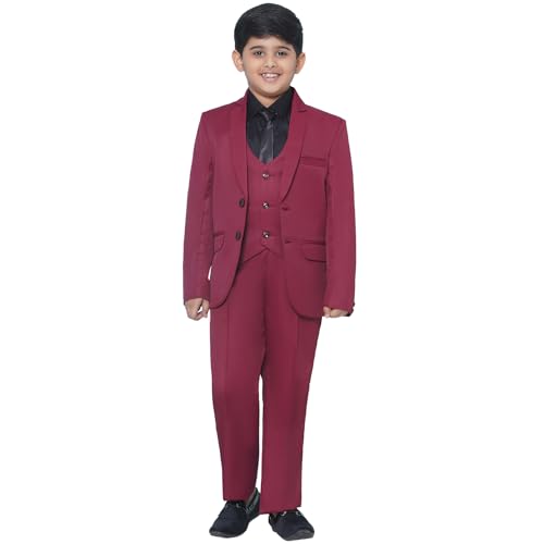 Image of AJ DEZINES Kids 5 Piece Solid Cotton Blend Coat Pant Suit Set For Boys
