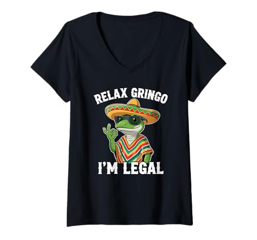 Womens Funny Immigrant Quote Relax Gringo Mexican Lizard Sombrero V-Neck T-Shirt