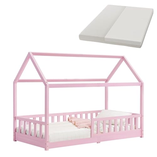 Juskys® Kinderbett Marli 90 x 200 cm mit Matratze, Rausfallschutz, Lattenrost & Dach - Massivholz Hausbett für Kinder - Bett in Rosa
