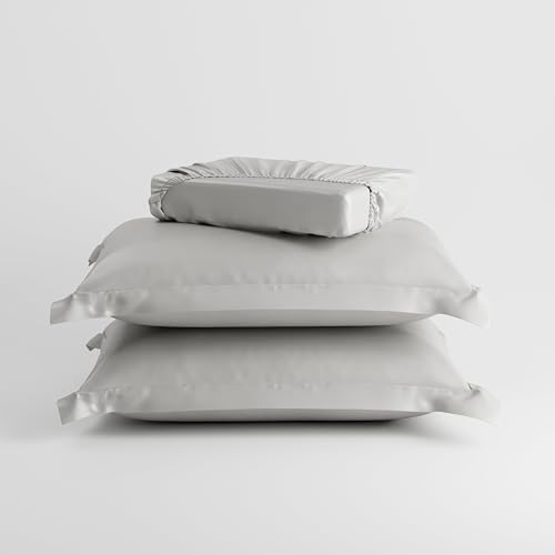 Image of Stoa Paris 350TC Luxstre Cotton Double Fitted Bedding Set with 2 Pillow Covers, All-Around Elastic Fitted Bedsheet 152cm x 198cm + 30cm Drop, All Season Comfort, Breathable, Panache - White