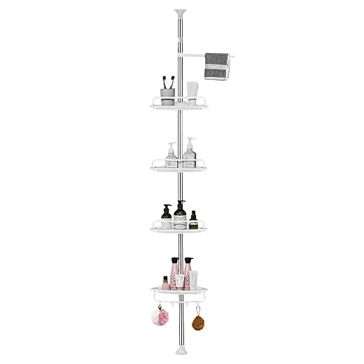 GRICOL Telescópica Estantería Ducha Esquina Estante Ducha sin Taladro Estantería Baño Acero Inoxidable con 4 Cestas y 1 Toallero para Bañera y Baño Altura Ajustable 95-305CM Blanco