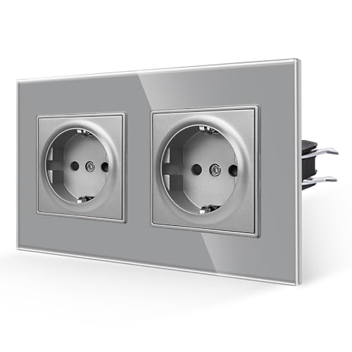 JIMEIDA Enchufe Doble Vidrio Gris 2 Compartimentos,16 Amp Enchufe de Vidrio Templado Toma Estándar Contacto de Tierra Enchufe de Pared 157 * 86mm 250V