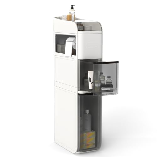 LIFEZEAL Armoire de Salle de Bain Étroite avec roulettes, Commode de Rangement à 4 Tiroirs avec Boîte à Mouchoirs Intégrée, Meuble de Toilette Compact et...