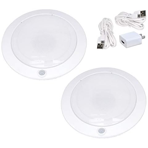 Good Earth Lighting Rechargeable LED Tap Lights (2-Pack) 7-Inch White Round Closet Light, Motion Sensor, 300 Lumens, 4000K, Auto Timer with Command Strips by 3M for Damage Free Mounting, USB Charger Cover