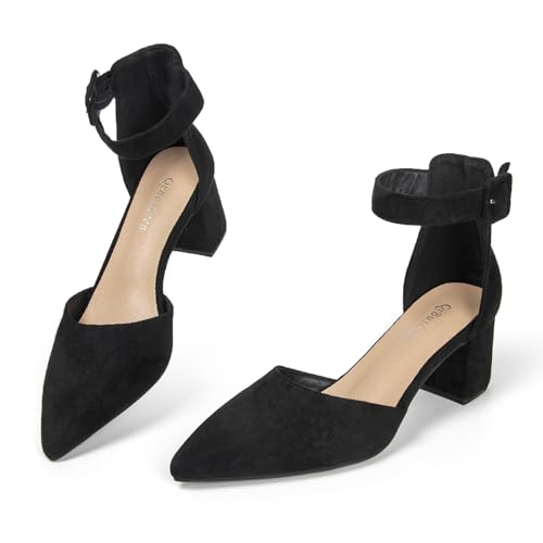 Womens 2.3 Inch Low Block Chunky Ankle Strap Heels Comfortable Closed Pointy Toe Leather Suede Pumps for Women Wedding Party Dressy Pump Shoes Noiseless Sole Option