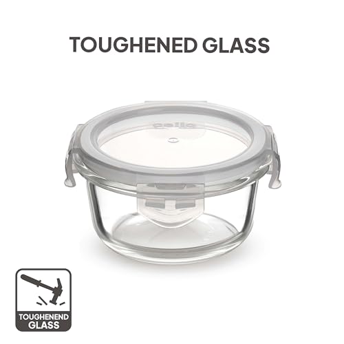 Image of CELLO Royale Glass Lunch Box Set of 2 Pcs with Vertical Jacket, Clear | Microwave Safe 2 x 400 ml Round Glass Containers | Leadfree, Leakproof, Airtight Clip Lock Lid Tiffin Box for Office & Travel