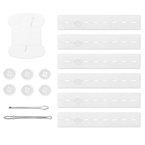 Gosknor 6 Uds Tensor de Cintura para Pantalones, Ajustable Extensores de Cintura Elástica para Mujeres Hombres Niños Ajustador de Cintura con Botones Hilo de Aguja Herramienta para Enhebrar (Blanco)