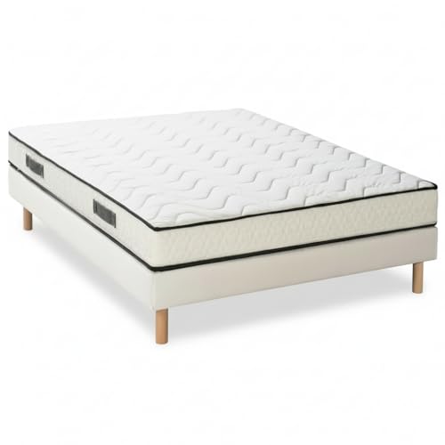 BLUE MOON Lit Complet 140x190 avec Matelas Mi-Ferme + Sommier. Matelas 140x190x15 cm Confort Universel + Sommier Tapissier en Pin, Pieds Hêtre Massif....